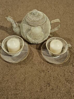 Vintage Filigree Mesh Metal TeaCup & Teapot Candle Holders